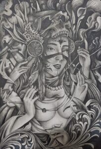 artwork depicting a woman who has 6 hands. which symbolizes great women in today's era to become women who are versatile in all things. for example, like men who should work, so do women also do the same and are responsible for themselves. besides being beautiful, women can also work. like angels