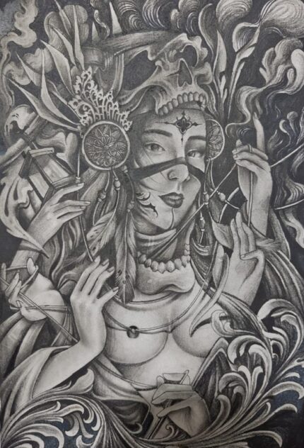 artwork depicting a woman who has 6 hands. which symbolizes great women in today's era to become women who are versatile in all things. for example, like men who should work, so do women also do the same and are responsible for themselves. besides being beautiful, women can also work. like angels