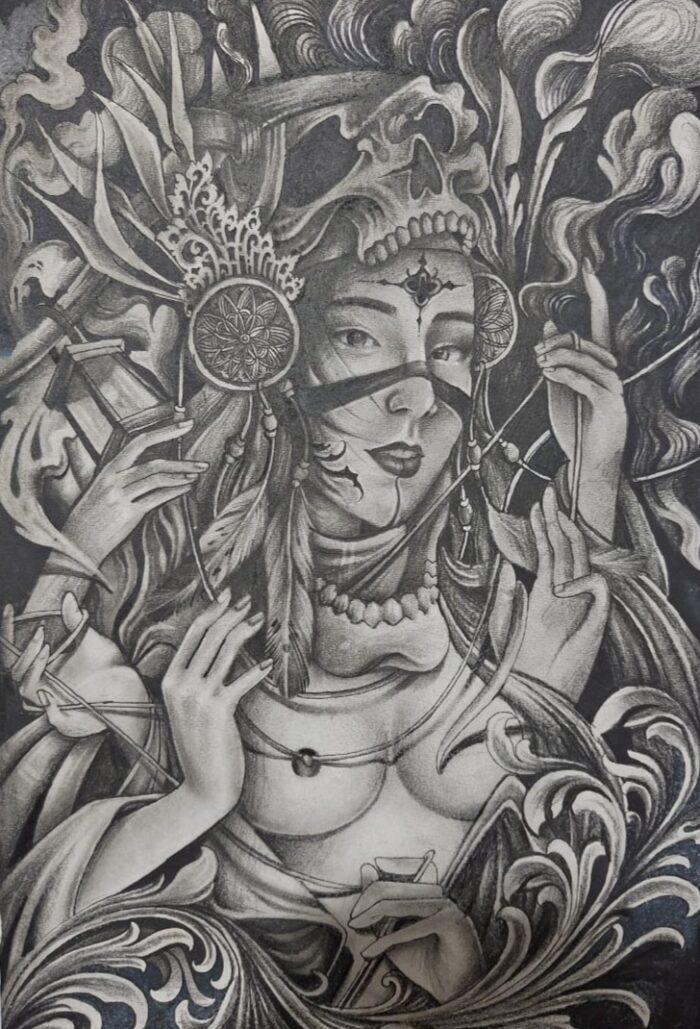 artwork depicting a woman who has 6 hands. which symbolizes great women in today's era to become women who are versatile in all things. for example, like men who should work, so do women also do the same and are responsible for themselves. besides being beautiful, women can also work. like angels