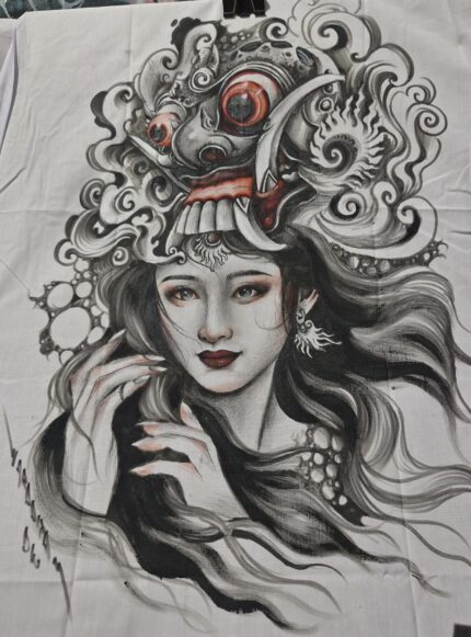 Rangda is a demon queen or witch queen in Balinese mythology. She is depicted as a terrifying figure, with long flowing hair, bulging eyes, large fangs, and long nails. Rangda leads an army of demons or evil witches, and is the arch enemy of Barong, who symbolizes goodness.