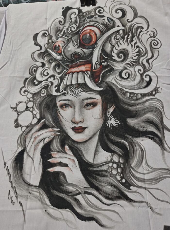 Rangda is a demon queen or witch queen in Balinese mythology. She is depicted as a terrifying figure, with long flowing hair, bulging eyes, large fangs, and long nails. Rangda leads an army of demons or evil witches, and is the arch enemy of Barong, who symbolizes goodness.